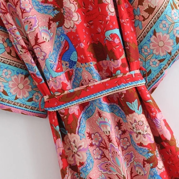 SOLD OUT Bohemian Red Peacock Floral Gypsy Kimono Long Maxi Coverup Duster Robe - Picture 9 of 11